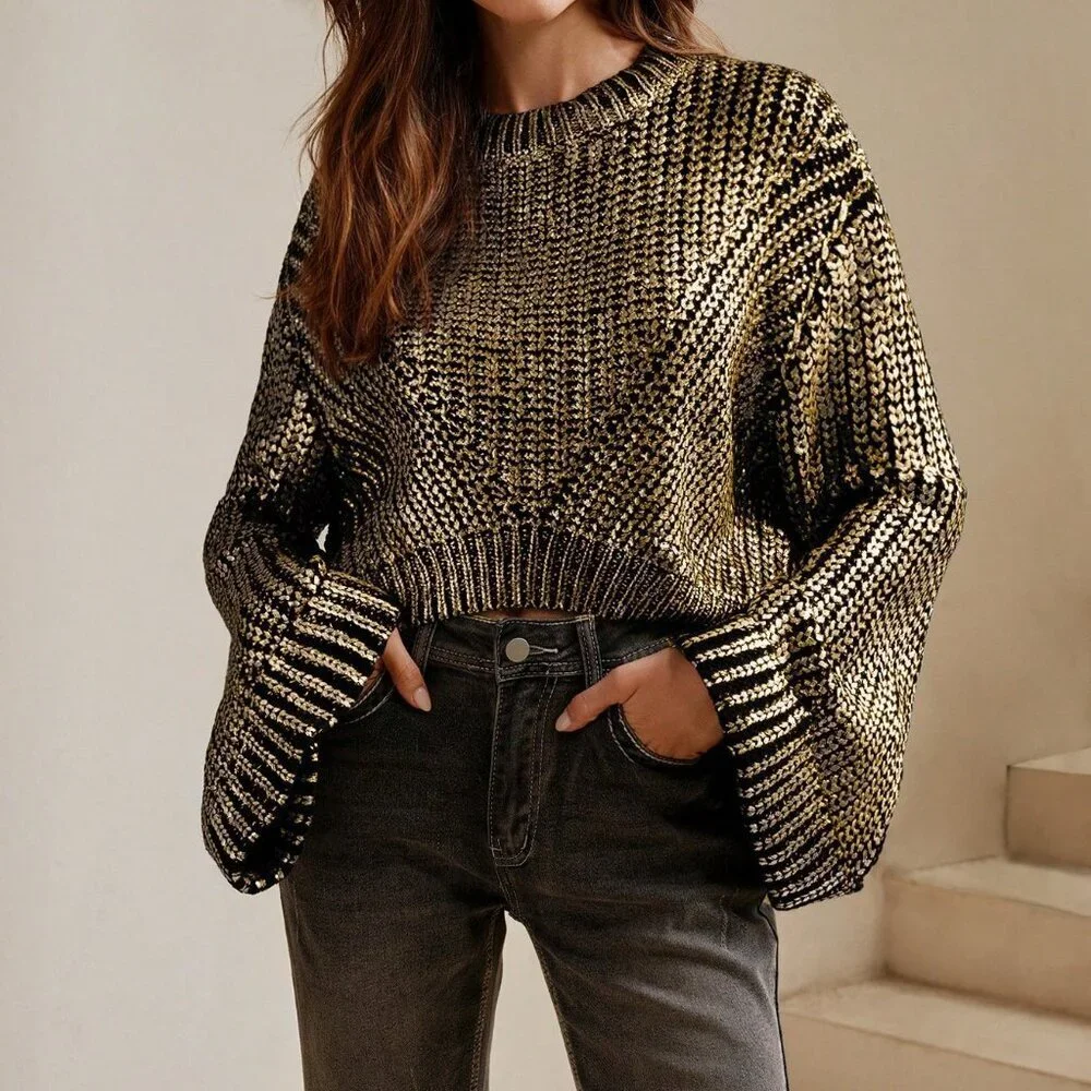 Gold Casual Women's Gradient Silver Foil Knit Jumper Christmas - Picture 4 of 7